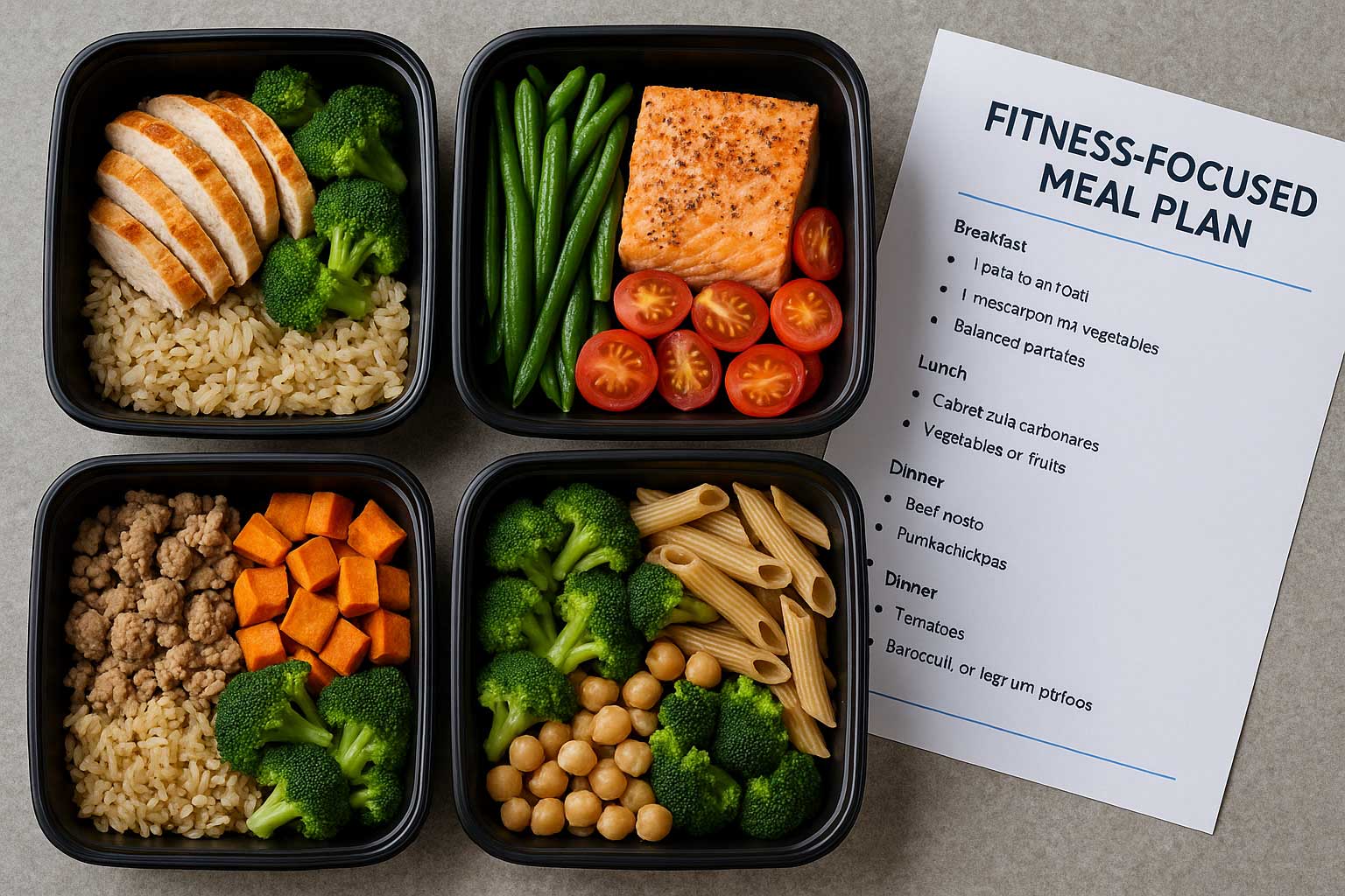 Balanced meal prep containers supporting a fitness-focused meal plan.